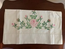 Vintage Embroidered Pillowcases Pair Pink Roses Floral NOS Unused Hemstitch picture