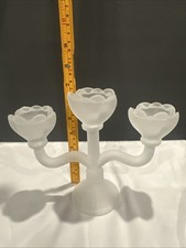 Vintage Satin Glass Tulip Triple Candle Holder Decor White Flower Frosted Rare . picture