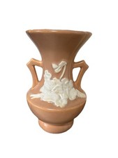 Weller Flower Vase 2 Handled Peach Cameo Rose Vase White Raised Flowers 6.5” picture