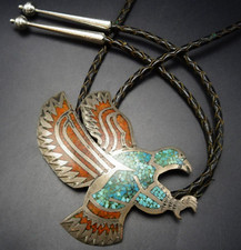 Majestic Signed Vintage EAGLE BOLO TURQUOISE CORAL CHIP INLAY Sterling Silver picture