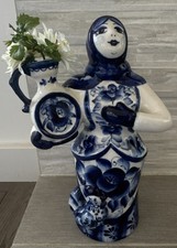 Russian Blue White Porcelain Gzhel Figurine Vase Handmade Handpainted 10” Signed picture