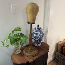 Antique Canvas Milliners Hat Block Mannequin Head/Hat Wig Display - Wooden Stand picture