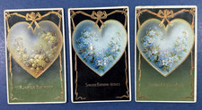 SET 3 Birthday Antique Postcards. EMB, Strong Gold. Hearts, Flowers. PUBL: B&S. picture