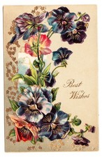 c. 1910 Best Wishes Pansies Embossed Gold Gilt Floral Postcard picture