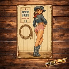 Western Cowgirl Pinup Sign Vintage Standing Illustration Metal Tin Plaque picture