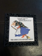 Vintage 1980 Good Luck Kitchen Witch Cast Iron Trivet 6” ~ HALLOWEEN DECOR ~ picture