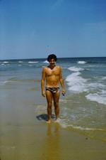 c1970's 35mm Slide, Person Beach Ocean Waves Shoreline Summer blue Horizon Sandy picture