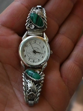 Navajo Kenneth Jones sterling & malachite watch tips & stretch band w/ new watch picture