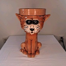 Leeroy Cain Handmade Signed Ceramic Cat Planter Brown Black & White picture