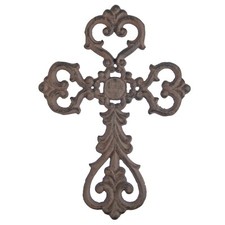 Cast Iron Ornate Fleur De Lis Floral Cross Wall Decor Antique Style Brown 10.75