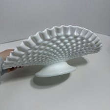 Large - VINTAGE Fenton Hobnail White Milk Glass Footed Banana Fruit Stand  picture