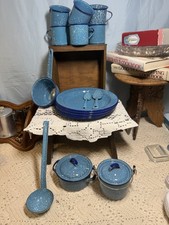 Vintage Blue Speckled Enamelware Lot Plates Cups Pots Pans Ladle Camping Set picture