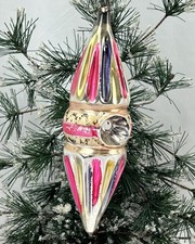 Vintage Double Fluted Indent Carnival Drop Glass Christmas Ornament Germany picture
