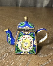 VTG Celestial Teapot Trinket Porcelain Hinged Sun Face Sunflowers Cobalt Blue picture