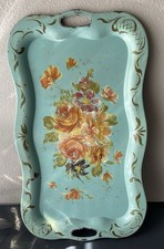 Vtg. Hand Painted Metal Tole Tray/Toleware XL Size 14 x 24 Turquoise picture