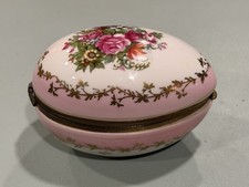 Vintage Norleans Japan Pink Porcelain Egg Trinket Box Gold Floral Hinged Lid picture