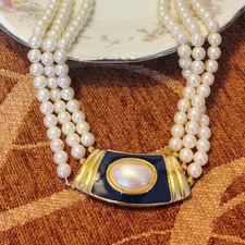 Vtg Glass faux Pearls Multiple Strands Navy Enamel Gold Tone Choker Necklace picture