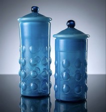 MCM Empoli Italian Turquoise Blue Opaline Cased Glass Bubble Dot Apothecary Jars picture