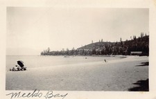 1926 Meek's Bay Beach Lake Tahoe 1920s Photo People Blanket Umbrella Sand Trees picture