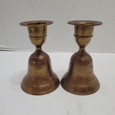 Vintage Set Of Brass Bells Candle Candlesticks Holders Etched Leaf Sarna India  picture
