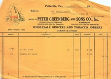 1931 Pottsville PA Grocer Billhead - Peter Greenberg & Sons picture