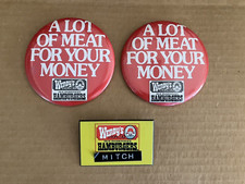 (2) 1980 Large Wendy's Pins and (1) Wendy's Employee Name Badge from 1980 picture