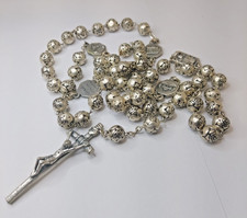 Vintage Silver Tone Catholic Rosary Rosebud Bead Necklace Crucifix Basilica Ital picture