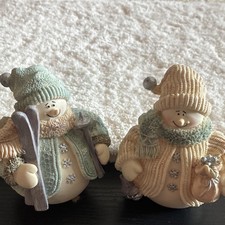 2pc Painted Resin Snowman Winter Figurines, Multicolor, Skis & Bag picture