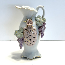 Vintage Victorian Style Porcelain Vase Grape Vines Floral Fruit Marked 52/127 picture