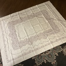 Vintage Polish Linen Floral Table Cloth Rectangle 74”x59” picture