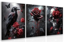 Hianan Wrapped Canvas Dark Goth Crow Rose Skull Wall Art Set of 3, 12x16 in picture