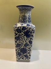 Rare-Vintage Blue and White Chinoiserie Vase 13” Tall-Square Base-beautiful picture