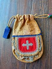 Vintage Sami Lapland Leather Pouch Pewter Wire Embroidery Heart Cross Sweden picture