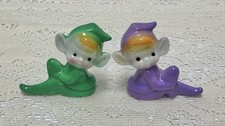 2 ~1950s Vintage Ceramic Porcelain Pixie Elf Elves Figurines Japan Purple &Green picture