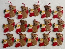VTG HandPainted Ceramic Teddy Bear Stocking Red Bow Christmas Ornaments Lot 15 picture