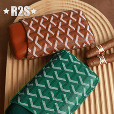 Leather Cigar Holder Case Humidor 3 Cigars Cedar wood green brown picture