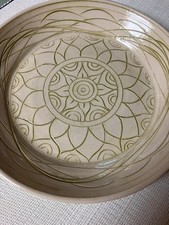 Handmade Pottery Dish Signed Sun Beige Green 