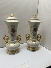 VTG Pair Abingdon Pottery 514 Lidded Vases 11” Floral Gold Garniture Urns Set  picture