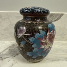 Vintage Chinese Fine Black Cloisonne Hand Made Black Ginger Jar 7” Tall picture