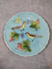 Antique 20s, Zell Germany Birds & Berries 6.5” Majolica Turquoise Plate Rare picture