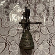 Antique Finish Hanging Metal Bell w/ Ornate Bracket, Raised Relief, Religious picture