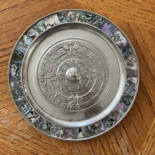 Vintage Mexico Alpaca Silver Aztec Mother Pearl Abalone Shell Calendar Plate picture