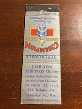 Gordon Auto Parts Cambridge Massachusetts MA Champion Spark Plugs Vtg Matchcover picture