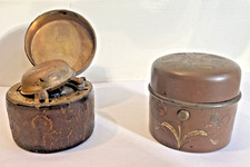 Pair Antique Victorian Traveling Inkwells Leather Brass w/ Glass Inserts picture