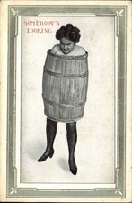 RISQUE Somebody's Looking BEAUTIFUL WOMAN NAKED IN BARREL Antique Postcard picture