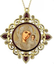 Two Toned Madonna and Child Hanging Russian Orthodox Rhinestone Framed Icon 4 In picture
