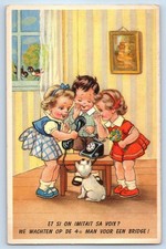 c1930's Childrens With Telephone Cat Birds On Window Vintage Posted Postcard picture