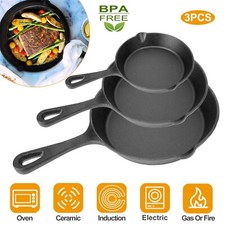 3Pcs Pre-Seasoned Cast Iron Skillet Non-Stick Frying Pan Kitchen Cookware Safe picture