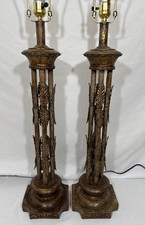 Pair of Italian Style Gilt Tole Metal Table Lamps Leaf Vine Altar Candlestick picture