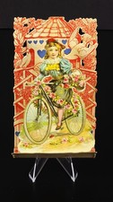Antique 3D Pop Up Valentine Card Germany Girl Bicycle Roses Die Cut picture